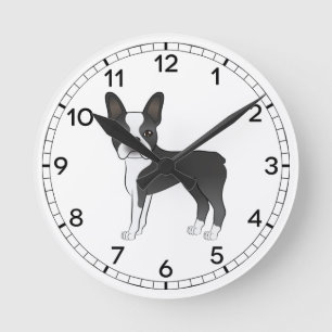 Schwarz-Weiß Boston Terrier Hunde Illustration Runde Wanduhr