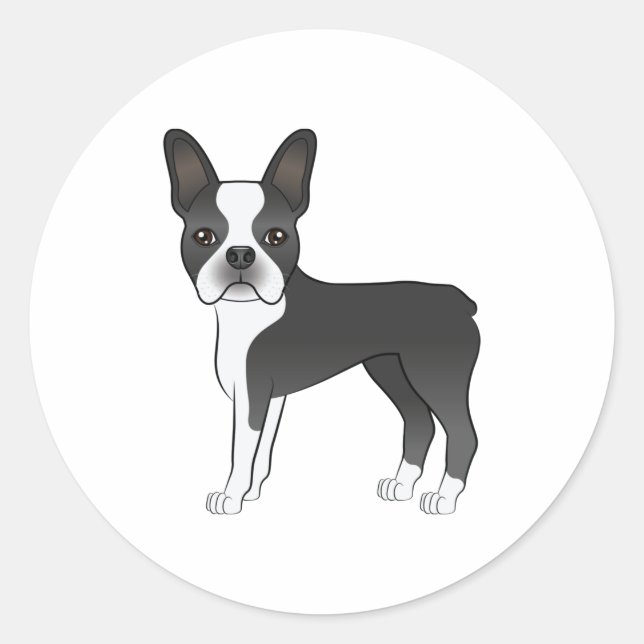 Schwarz-Weiß Boston Terrier Hunde Illustration Runder Aufkleber (Vorderseite)