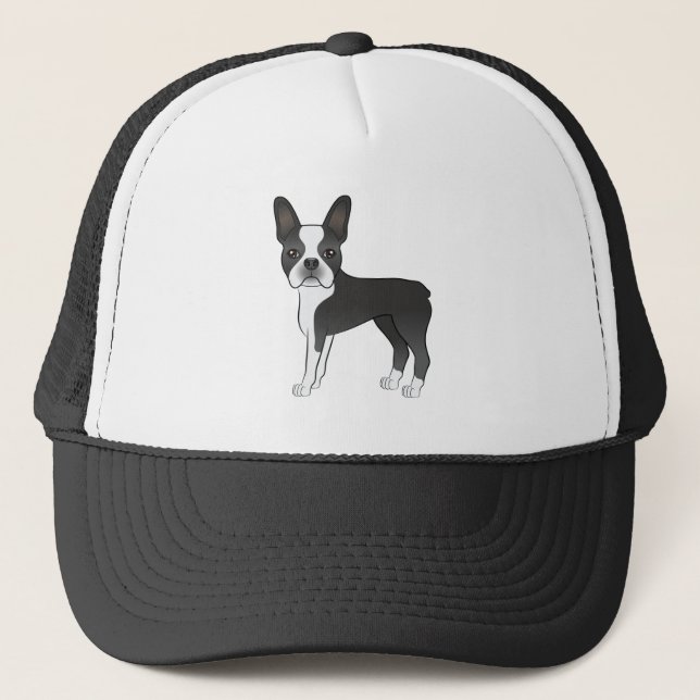 Schwarz-Weiß Boston Terrier Hunde Illustration Truckerkappe (Vorderseite)