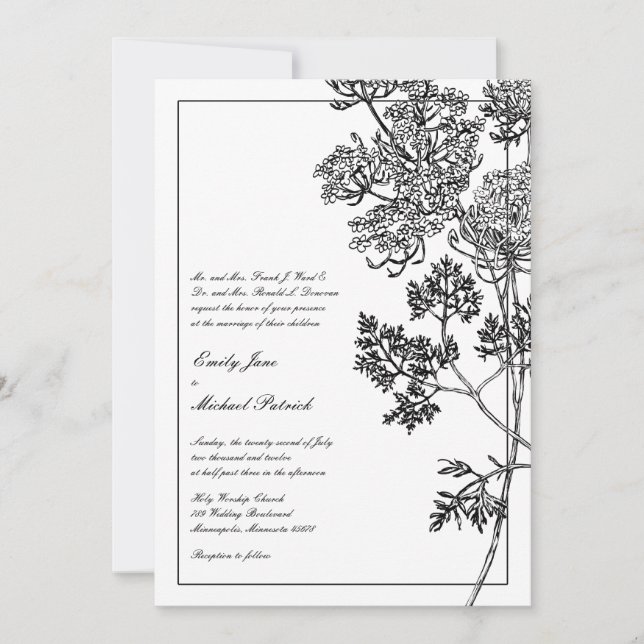 Schwarz-Weiß-Botanische Illustration Hochzeit Einladung (Vorderseite)