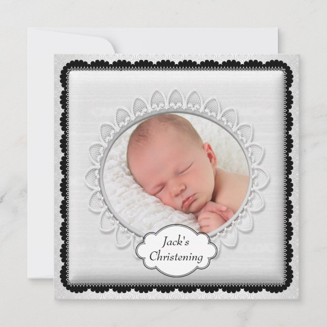 Schwarz-weiß Boys Foto Christening Einladung (Vorderseite)