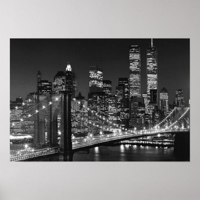Schwarz-weiß Brooklyn Bridge New York Night Poster (Vorne)