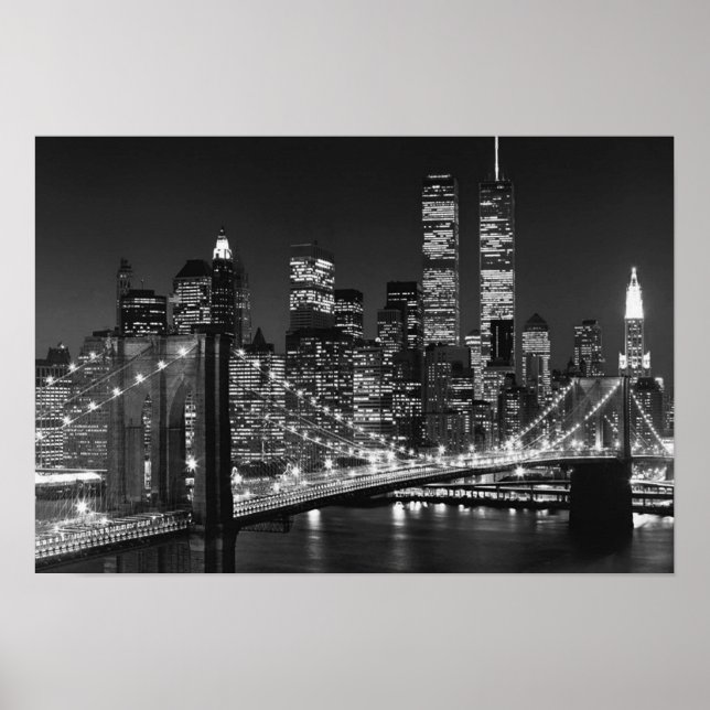 Schwarz-weiß Brooklyn Bridge New York Night Poster (Vorne)