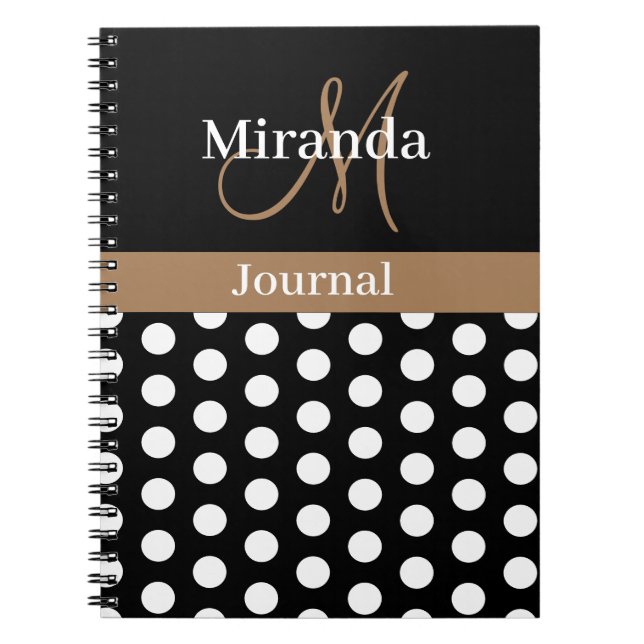Schwarz-weiß Brown Monogram Script Polka Dot Notizblock (Vorderseite)