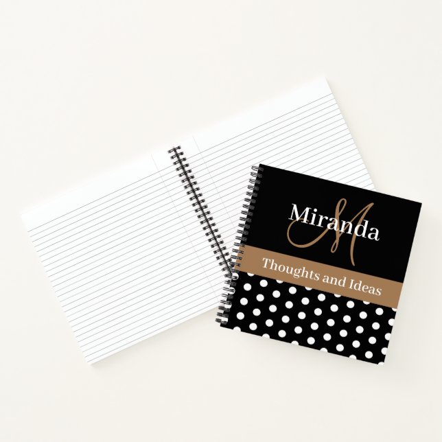 Schwarz-weiß Brown Monogram Script Polka Dots Notizbuch (Innenseite)