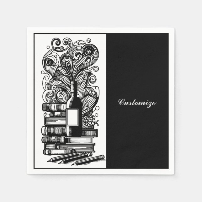 Schwarz-Weiß-Bücher und Wein 3 Serviette (Vorderseite)