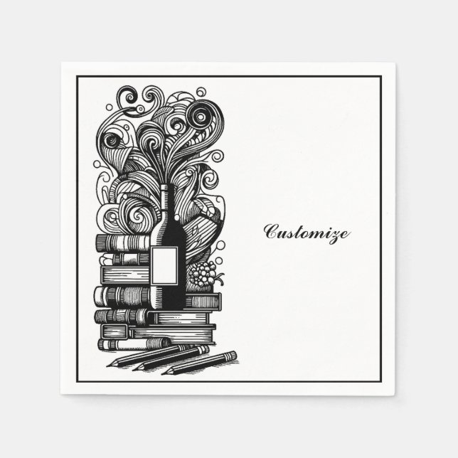 Schwarz-Weiß-Bücher und Wein Serviette (Vorderseite)