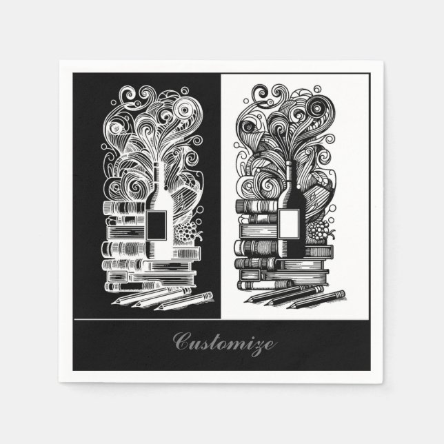 Schwarz-Weiß-Bücher und Wein Serviette (Vorderseite)