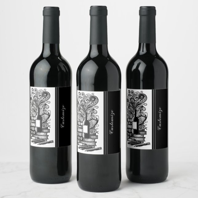 Schwarz-Weiß-Bücher und Wein Weinetikett (Flaschen)