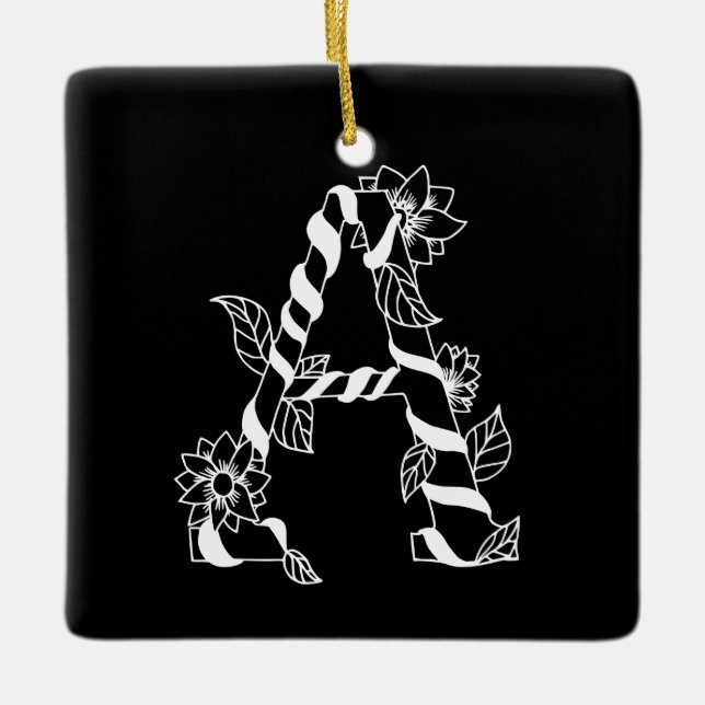 Schwarz-Weiß-Buchstabe "A" mit Twining-Blume Keramikornament (Vorderseite)