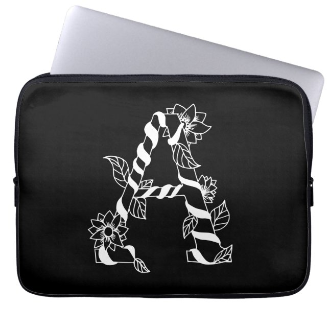 Schwarz-Weiß-Buchstabe "A" mit Twining-Blume Laptopschutzhülle (Vorderseite)