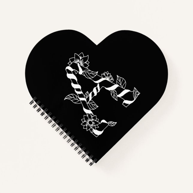 Schwarz-Weiß-Buchstabe "A" mit Twining-Blume Notizbuch (Vorderseite)