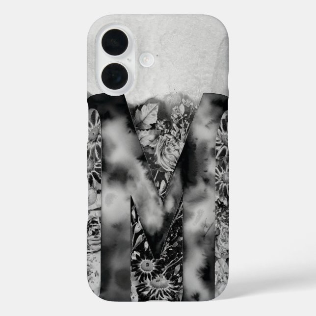 Schwarz-Weiß-Buchstaben M trippy-Floral-Farbe iPhone 16 Hülle (Rückseite)