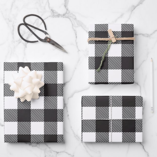 Schwarz-weiß Buffalo Gingham Karo Kariert Urlaub Geschenkpapier Set (Vorderseite)