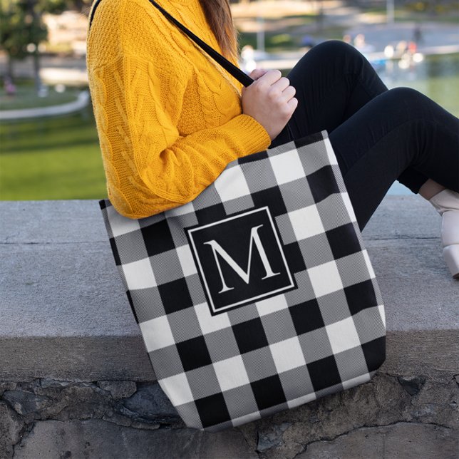 Schwarz-Weiß-Buffalo Kariert Mit Monogramm Tasche (Black and White Buffalo Plaid Monogrammed Tote Bag)