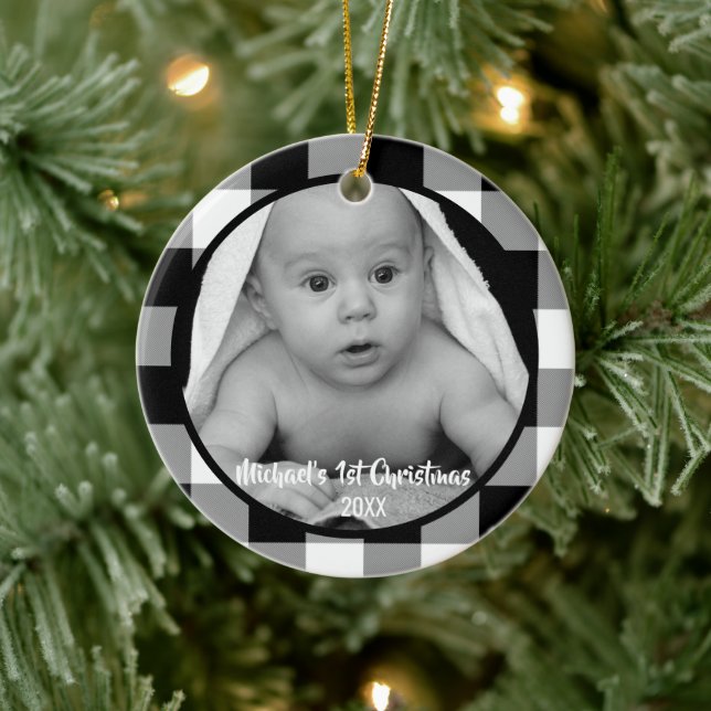 Schwarz-Weiß Buffalo Karo Baby's 1. Weihnachten Keramik Ornament (Baum)