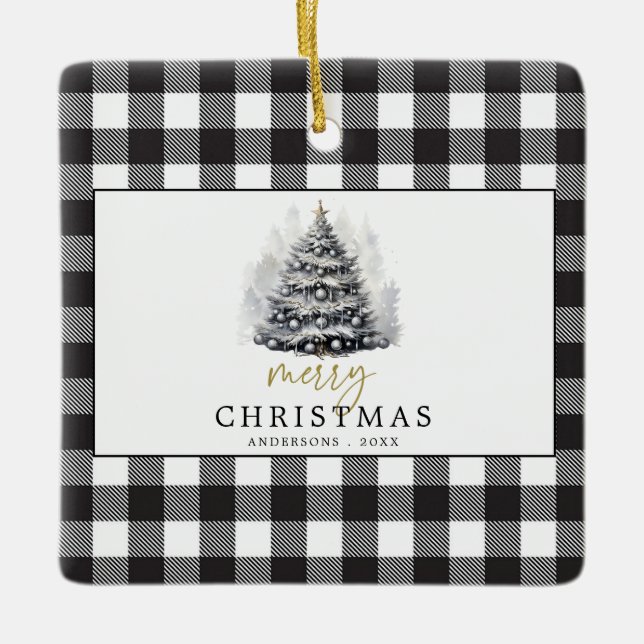 Schwarz-weiß Buffalo Karo Kariert Frohe Weihnachte Keramikornament (Vorderseite)