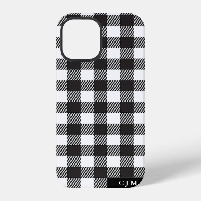 Schwarz Weiß Büffel Karomuster Monogramm Rustikal iPhone 12 Hülle (Rückseite)