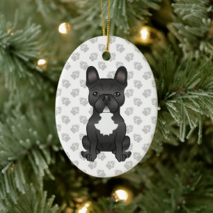 Schwarz-Weiß-Bulldogge-Cartoon-Hund & Text Keramik Ornament