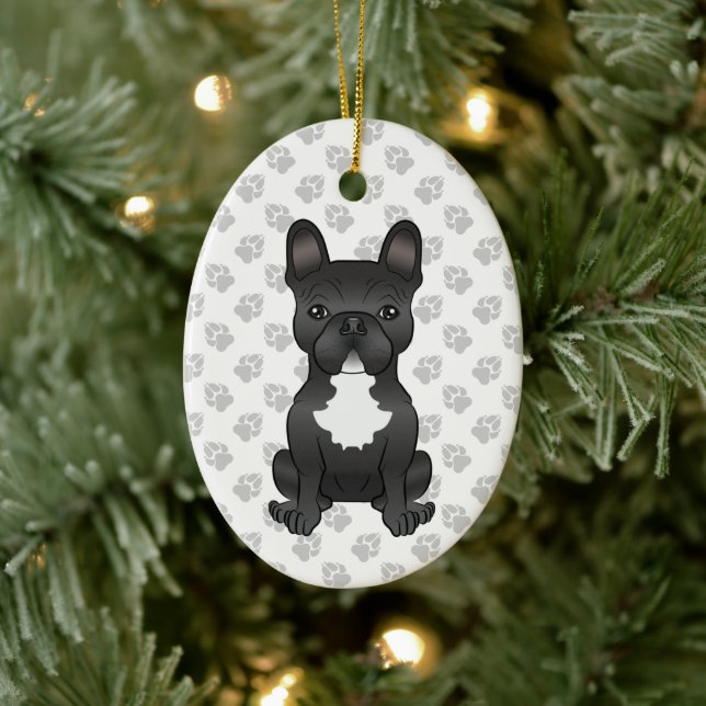 Schwarz-Weiß-Bulldogge-Cartoon-Hund & Text Keramik Ornament (Baum)