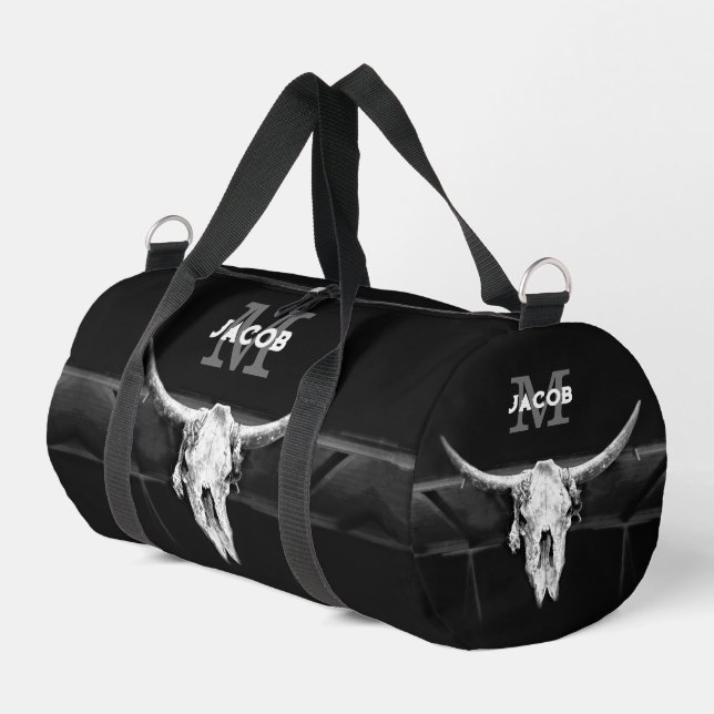 Schwarz-Weiß-Bullen-Monogramm des rustikalen Weste Duffle Bag (Linke Seite)