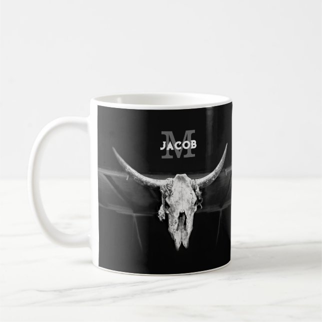 Schwarz-Weiß-Bullen-Monogramm des rustikalen Weste Kaffeetasse (Links)
