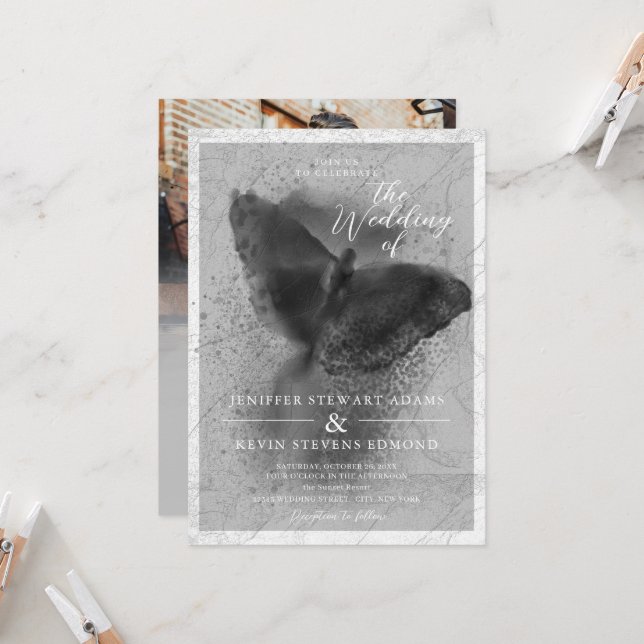 Schwarz-Weiß-Butterfly-Foto-Overlay-Hochzeit Einladung (Vorderseite/Rückseite Beispiel)