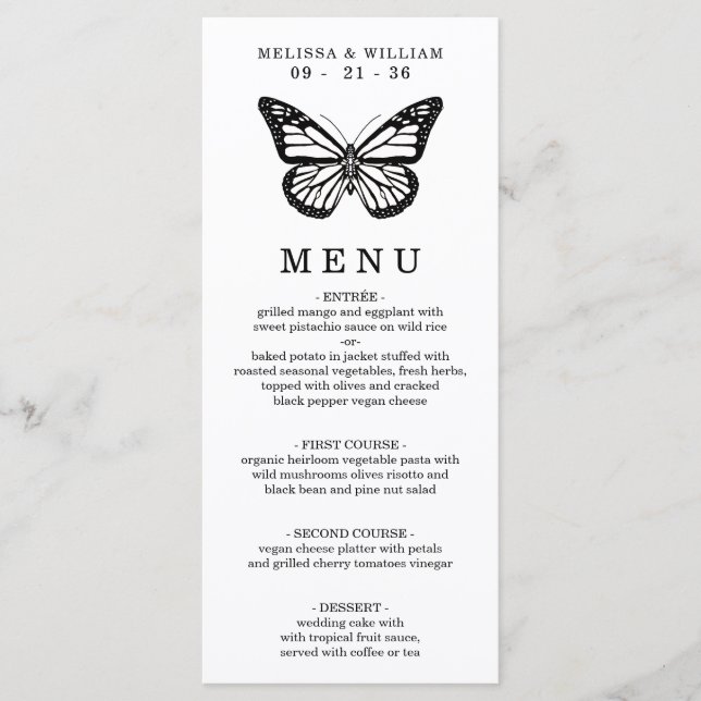 Schwarz-Weiß-Butterfly-Hochzeit Menükarte (Vorderseite)