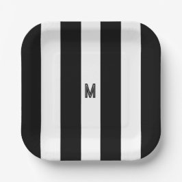 Schwarz-Weiß-Cabana-Streifen Minimal-Monogramm Pappteller