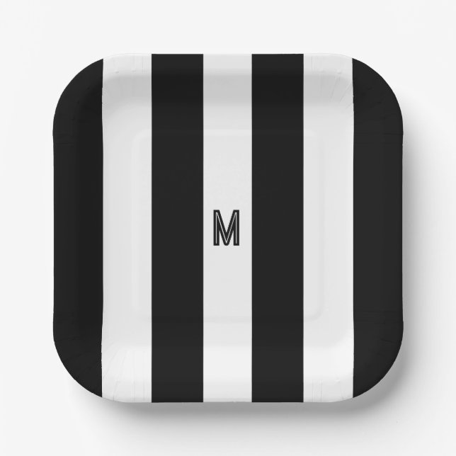 Schwarz-Weiß-Cabana-Streifen Minimal-Monogramm Pappteller (Vorderseite)