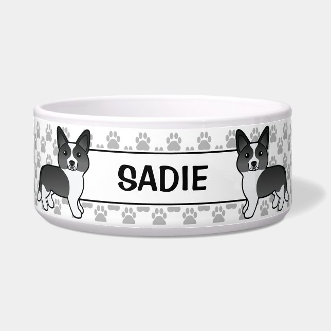 Schwarz-Weiß-Cardigan-Walisischer Korgi-Hund und N Napf (Vorderseite)