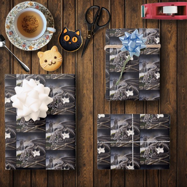 Schwarz-weiß Cat Gargoyle Geschenkpapier Set (Von Creator hochgeladen)