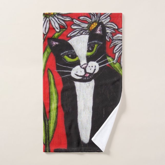 Schwarz-weiß Cat Green eyes White Daisies Red Handtuch (Handtuch)