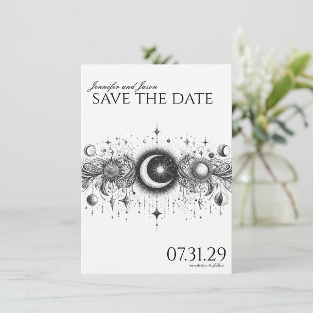 Schwarz-Weiß-Celestial Save The Date (Stehend Vorderseite)