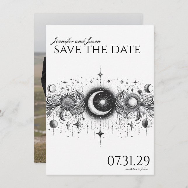 Schwarz-Weiß-Celestial Save The Date (Vorne/Hinten)