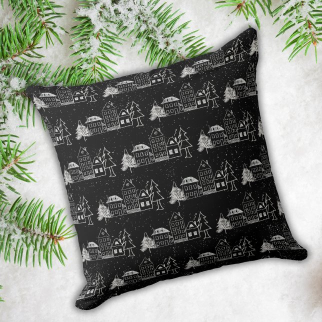 Schwarz-Weiß Chalk Snowy Town Kissen (Von Creator hochgeladen)