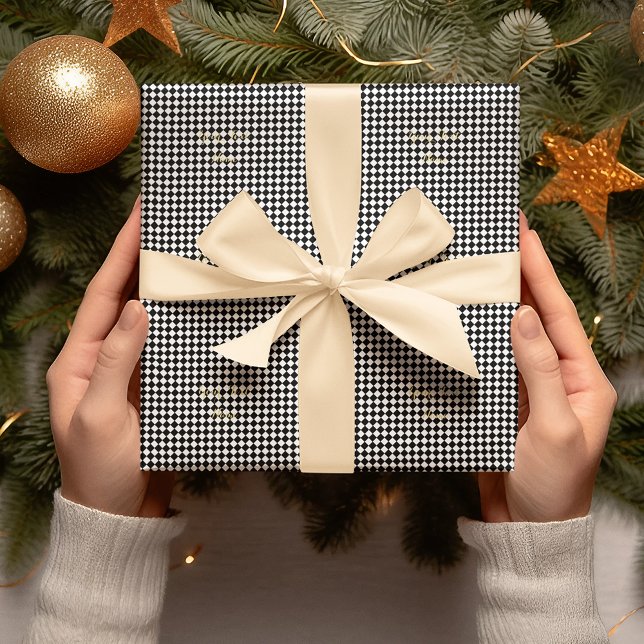 Schwarz-Weiß-Checked Benutzerdefinierte Imitate -  Geschenkpapier (Black and White Checkered Custom Faux Gold Text Wrapping Paper)