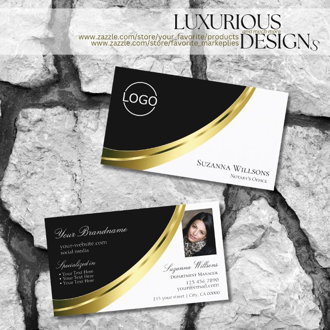 Schwarz-Weiß-Chic-Gold-Dekoration mit Logos und Fo Visitenkarte (Von Creator hochgeladen)