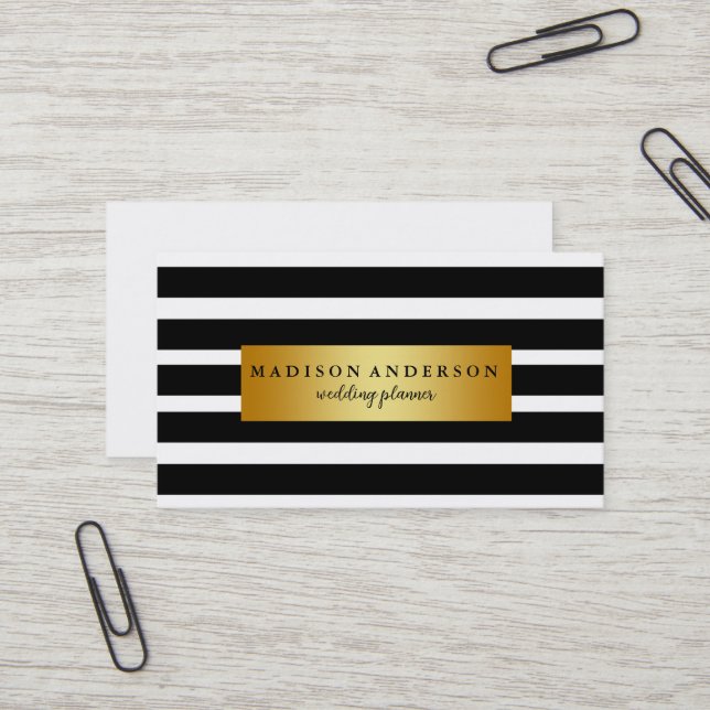 Schwarz-Weiß-Chic Streifen in Gold Visitenkarte (Vorderseite/Rückseite Beispiel)