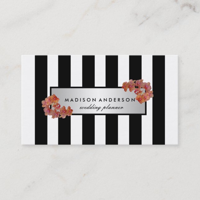 Schwarz-weiß Chic Stripes Silver Vintag Visitenkarte (Vorderseite)
