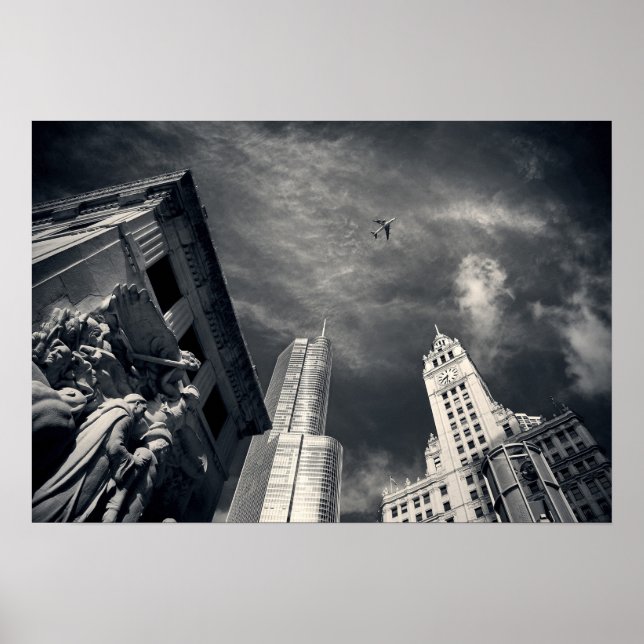 Schwarz-Weiß-Chicago-City-Skyline mit Flugzeug Poster (Vorne)