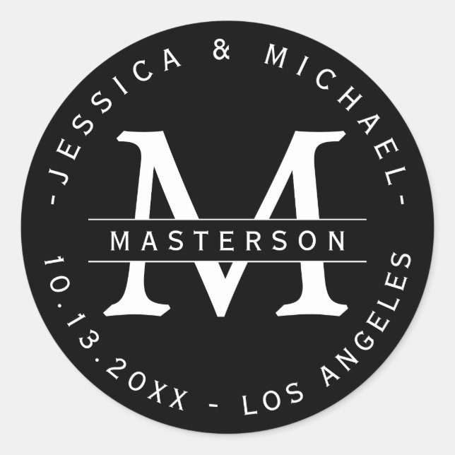 Schwarz-Weiß-Classic-Monogramm-Hochzeitskleber Runder Aufkleber (Vorderseite)