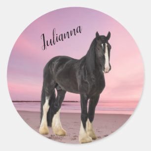 Schwarz-Weiß-Clydesdale am Strand bei Sunset Runder Aufkleber