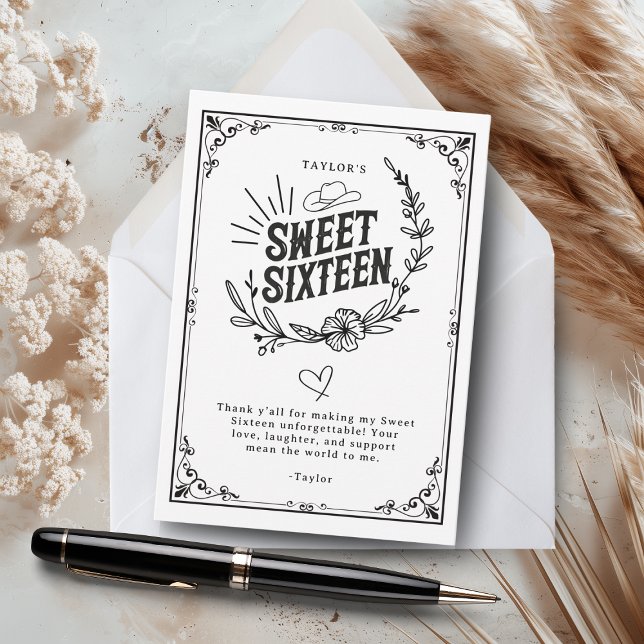 Schwarz-Weiß-Cowgirl 16 . Geburtstag Dankeskarte (Rustic Sweet Sixteen thank-you card with a western floral design in black and white.)