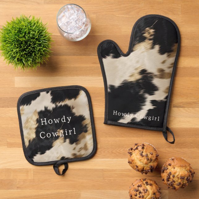 Schwarz-weiß Cowhide Ofenhandschuh & Topflappen-Set (Oben Unten)