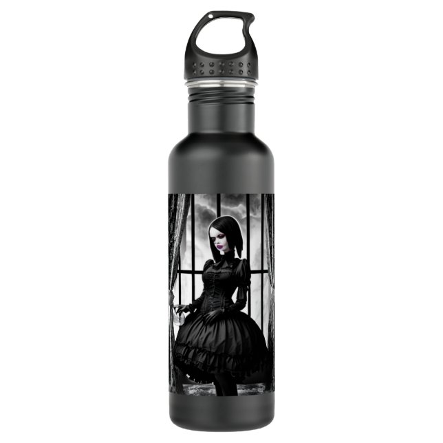 Schwarz-Weiß-Creepy-Girl Edelstahlflasche (Vorderseite)