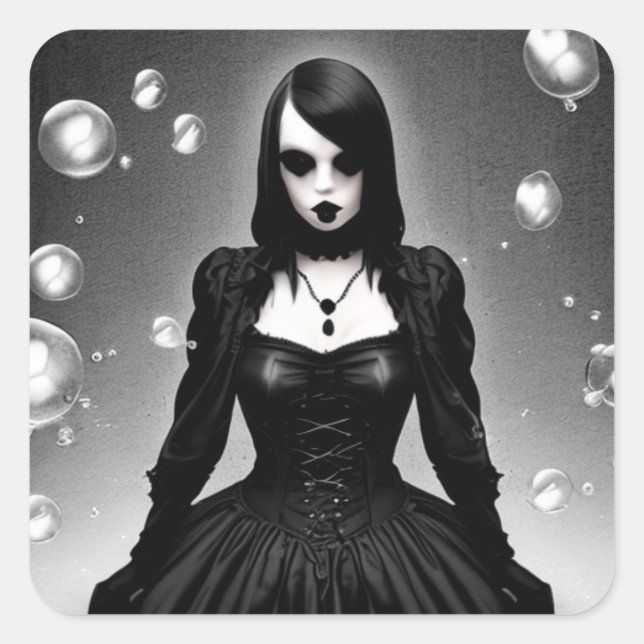 Schwarz-Weiß-Creepy-Gothic-Girl Halloween Quadratischer Aufkleber (Vorderseite)