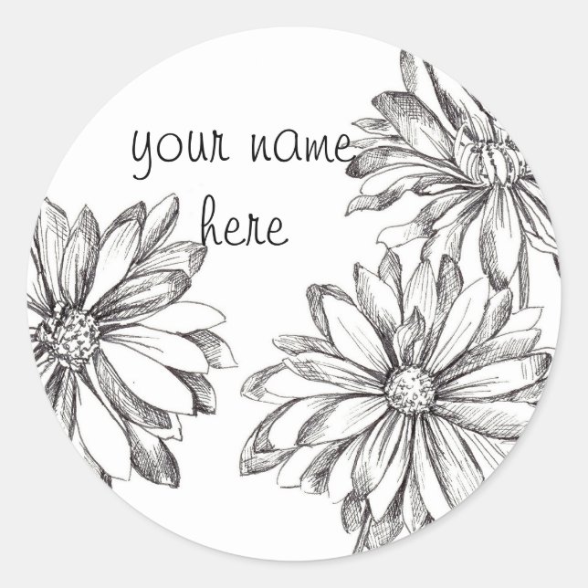 Schwarz-weiß Daisy Blume Individuelle Name Runder Aufkleber (Vorderseite)