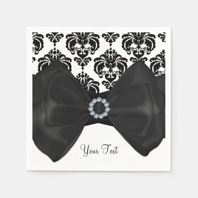 Schwarz & Weiß Damask Bling Bow Glam Sweet 16 Part Serviette (Vorderseite)