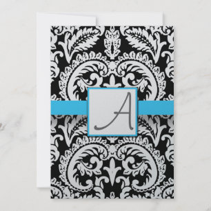 Schwarz & Weiß Damask Bright Aqua Trim mit Punkten Einladung